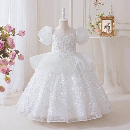 New High-End Luxury Flower Girl Wedding Show Performance Dress for Girls, Puff Sleeve Sequin Princess Dress