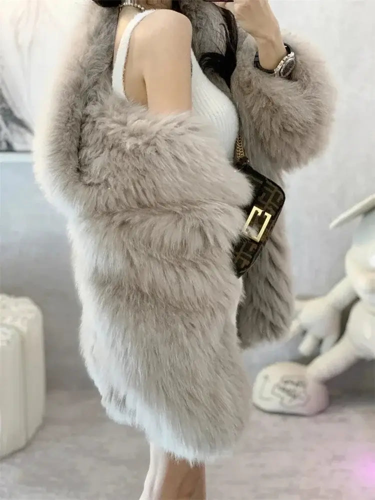 Trendy Hooded Faux Fox Fur Coats super Warm Winter Furry Jacket Women