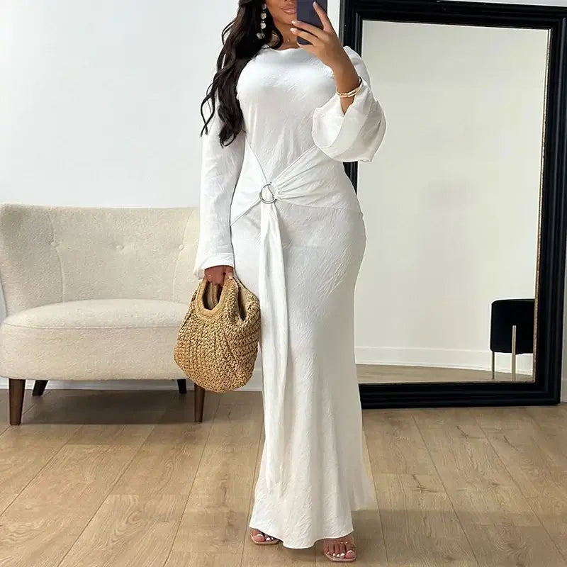 Elegant Women O Neck Lace Up Slim Robe Dress