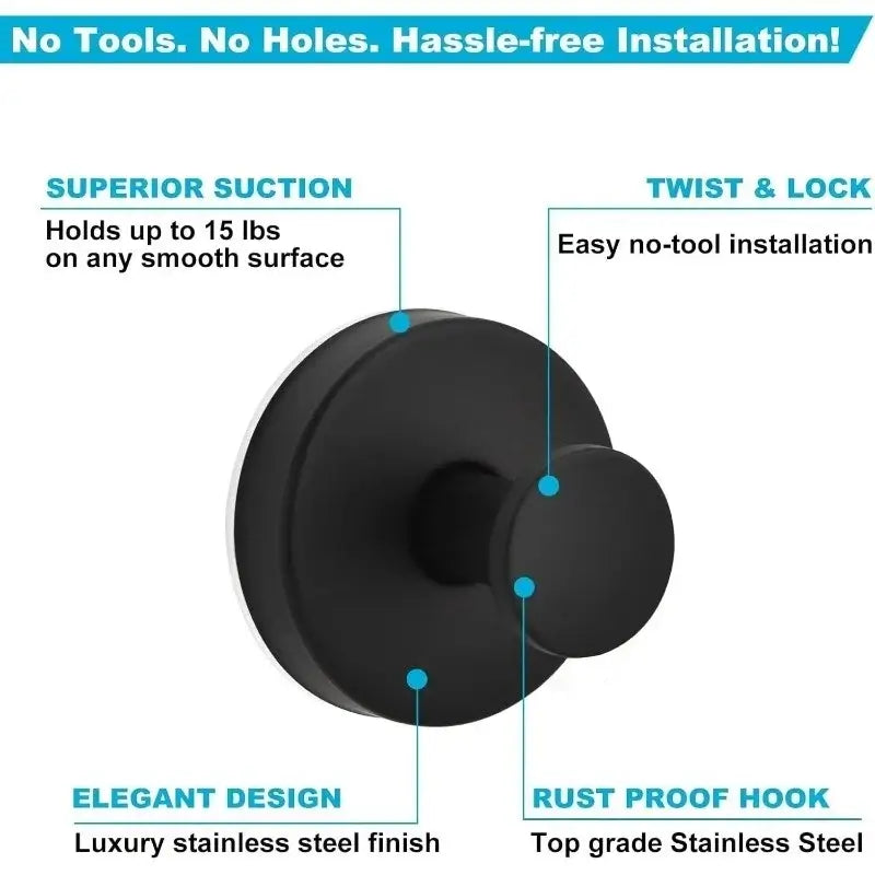 Matte Black Towel Hook (2-Pack) Shower Suction Wall Mounted Removable Hanger for Bathroom Coat Robe Bedroom Kitchen Hotel Pool