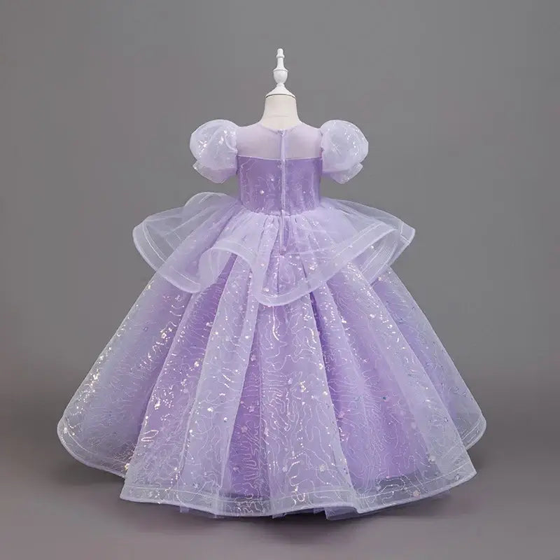 New High-End Luxury Flower Girl Wedding Show Performance Dress for Girls, Puff Sleeve Sequin Princess Dress