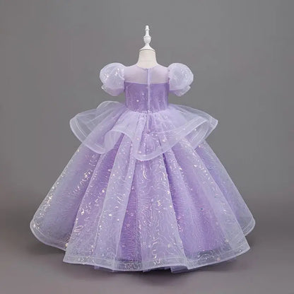 New High-End Luxury Flower Girl Wedding Show Performance Dress for Girls, Puff Sleeve Sequin Princess Dress