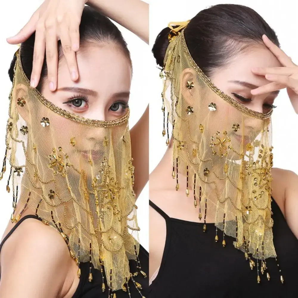 Lake Blue Color with Beaded Masquerade Party Belly Dancing Veils Face Veil Costumes Mesh Face Veil Indian Belly Dance Veil