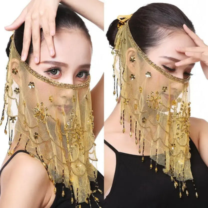Lake Blue Color with Beaded Masquerade Party Belly Dancing Veils Face Veil Costumes Mesh Face Veil Indian Belly Dance Veil