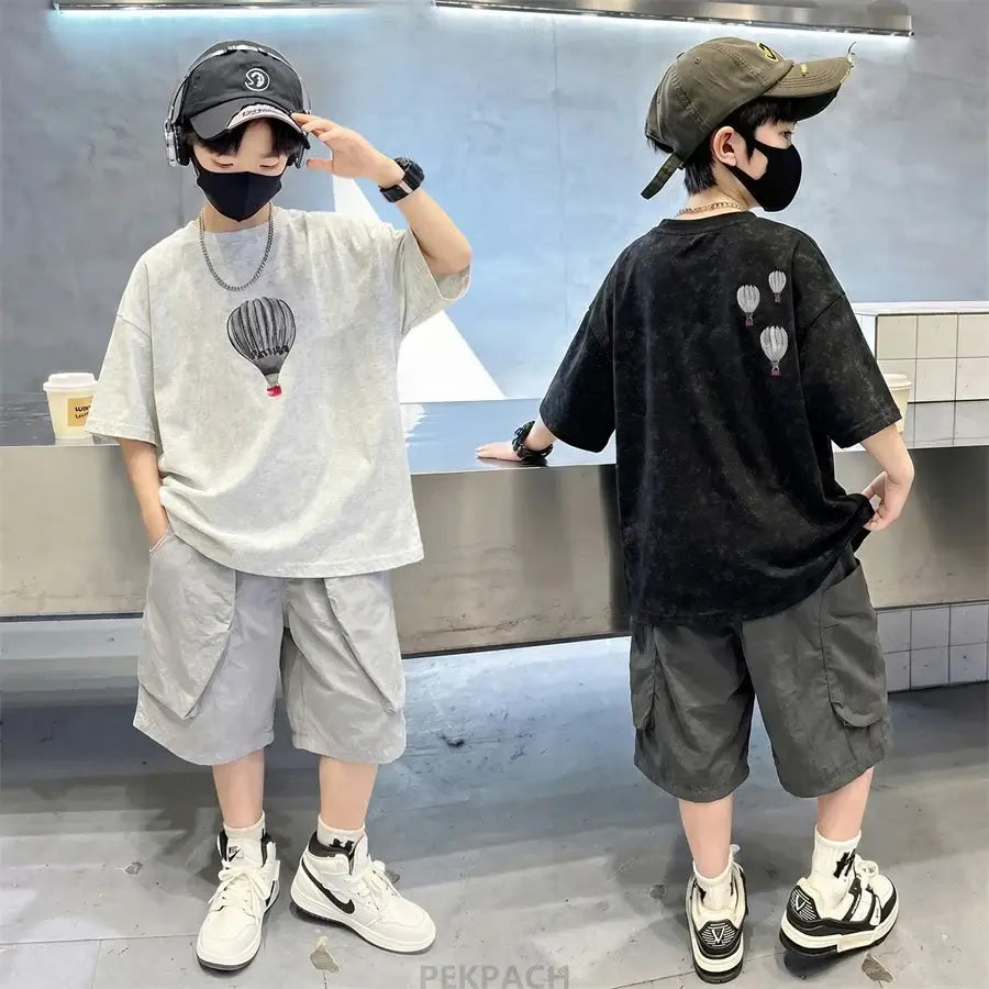 Fashion Boys Summer Outfit T-shirt Shorts Sports Set Children Top and Bottom Tracksuit Set Kids Casual Cotton Sportswear 5-14Y
