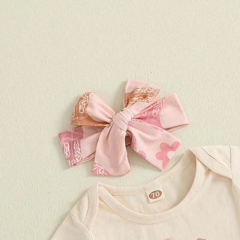 Adorable Infant Cowgirl Ensemble Ruffled Romper Cowboy Boots and Matching Bandana Headband - 3 Piece Set