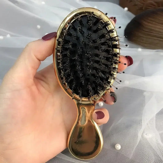 Mini Boar Bristle Hair Brush Small Hair Brush for Travel Mirror Comb