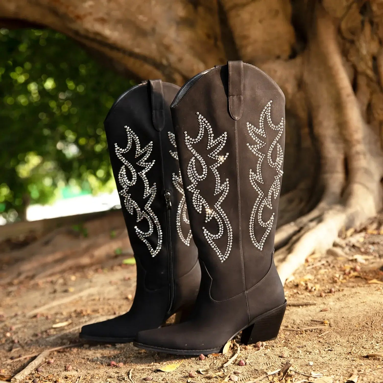 Rhinestone Cowboy Boots for Women - Black Wide Calf Knee High Cowgirl Boots with Side Zipper and Sparkly Glitter Embroidery, Alm