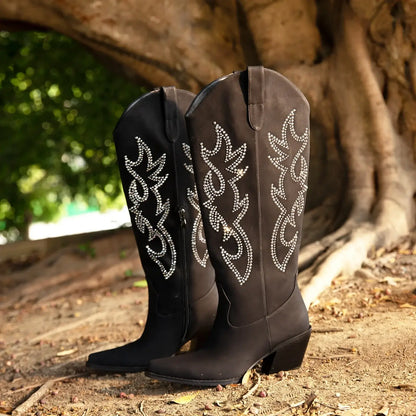 Rhinestone Cowboy Boots for Women - Black Wide Calf Knee High Cowgirl Boots with Side Zipper and Sparkly Glitter Embroidery, Alm