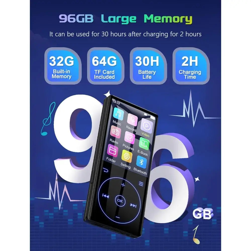 96GB MP3 Player with Bluetooth 5.0, HD Speaker 2.4" Screen Voice Recorder FM Radio, Supports 64GB, Includes Earphones &amp; TF Card