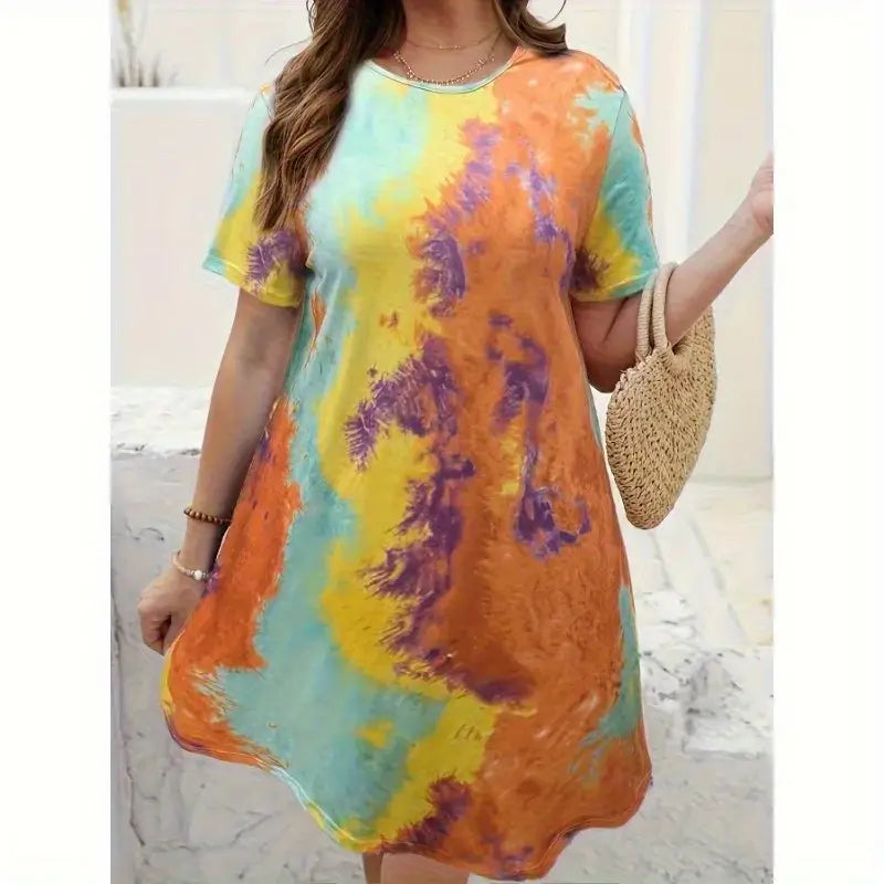 New Multicolor Tie-Dye Printed Oversized Short-Sleeved Dress