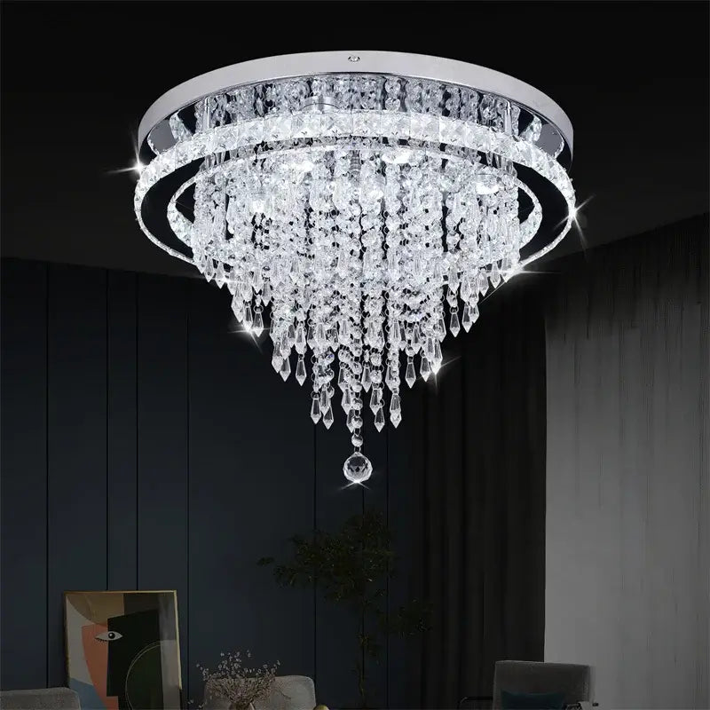 Round Crystal Raindrop LED Flush-Mount Chandelier