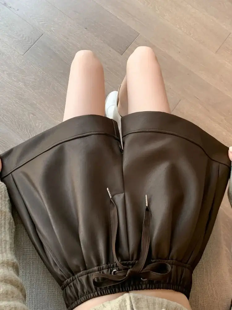 High Waist PU Leather Shorts Women&