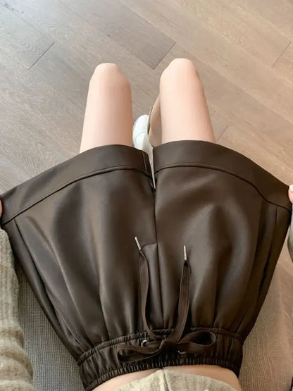 High Waist PU Leather Shorts Women&