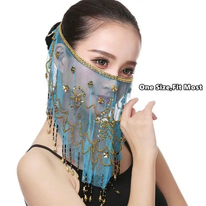Lake Blue Color with Beaded Masquerade Party Belly Dancing Veils Face Veil Costumes Mesh Face Veil Indian Belly Dance Veil