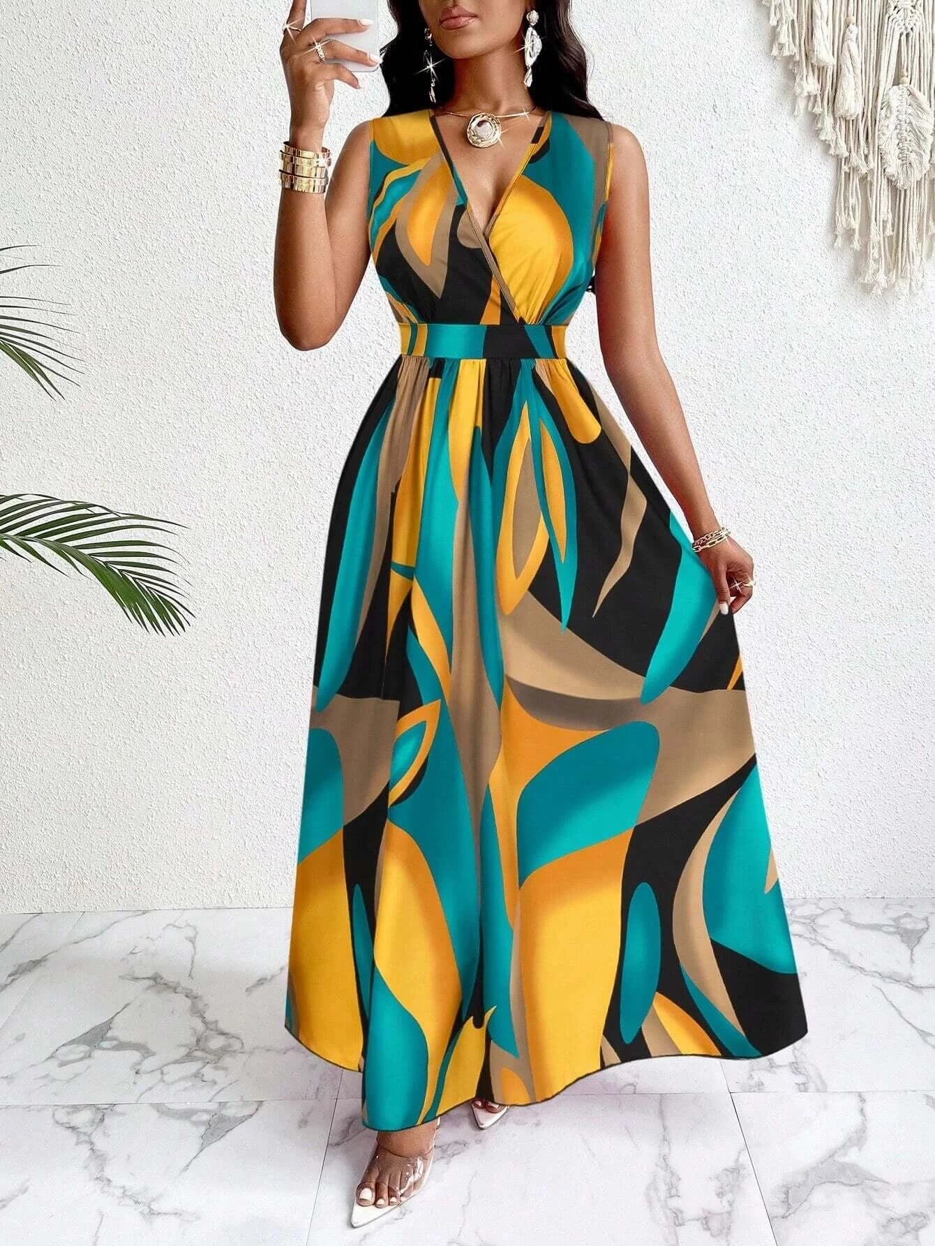 Tropical Print V-Neck Waist Section Cable Knit Fit And Flare Dress Maxi Women Outfit