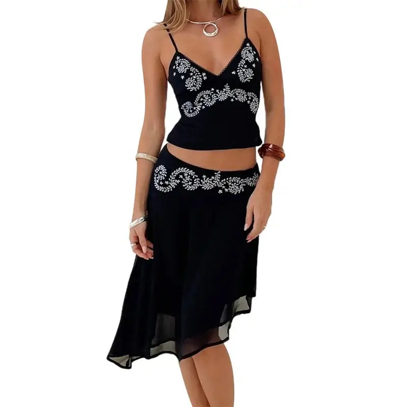 Women 2 Piece Skirt Outfit Boho Floral Spaghetti Strap Backless Tie Up Cami Crop Top Irregular Hem Midi Skirt Holiday Beachwear