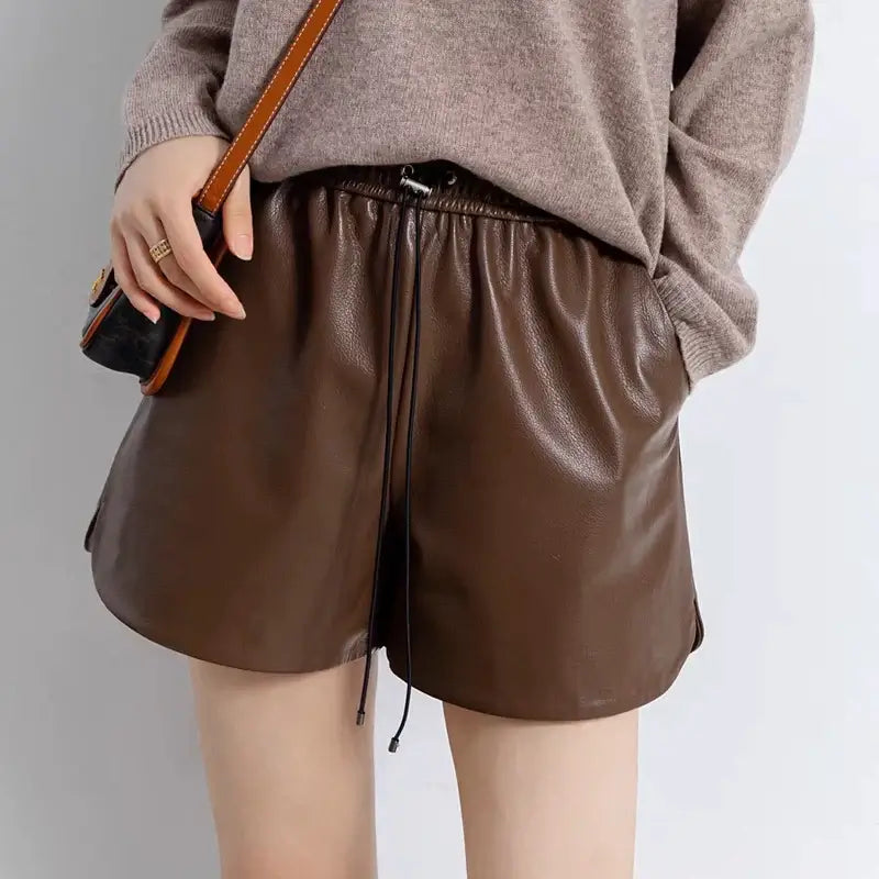 Goatskin Shorts for Women Italian Fashion Wide Leg Slim Drawstring Genuine Leather Pants Mujer Brown Pantalones Cortos  Clothing