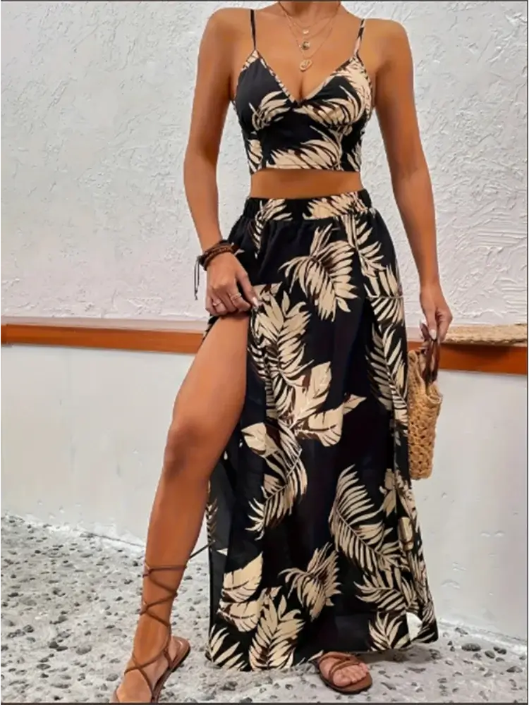 Women Sleeveless Low Cut V-Neck Printed Dress High Slit Sexy Dresses Trendy Half Skirt Women&