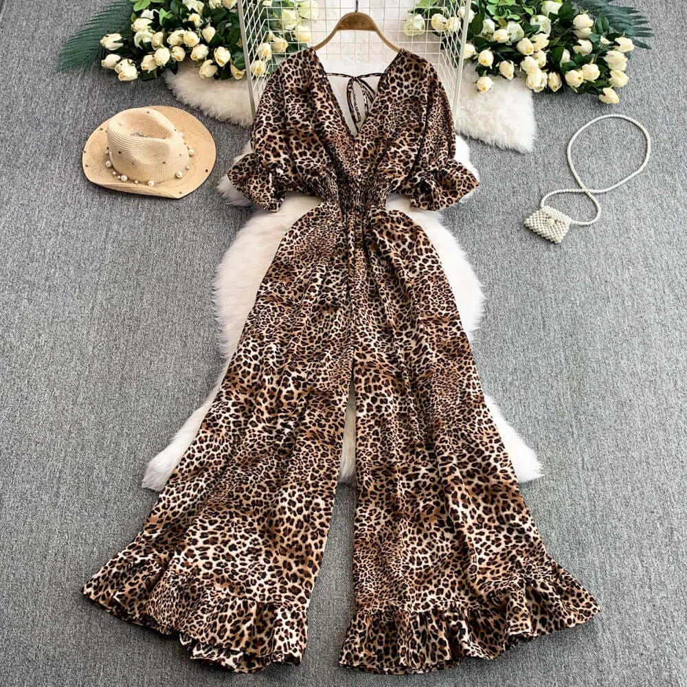 Elegant V-Neck Leopard Print Jumpsuit for Summer