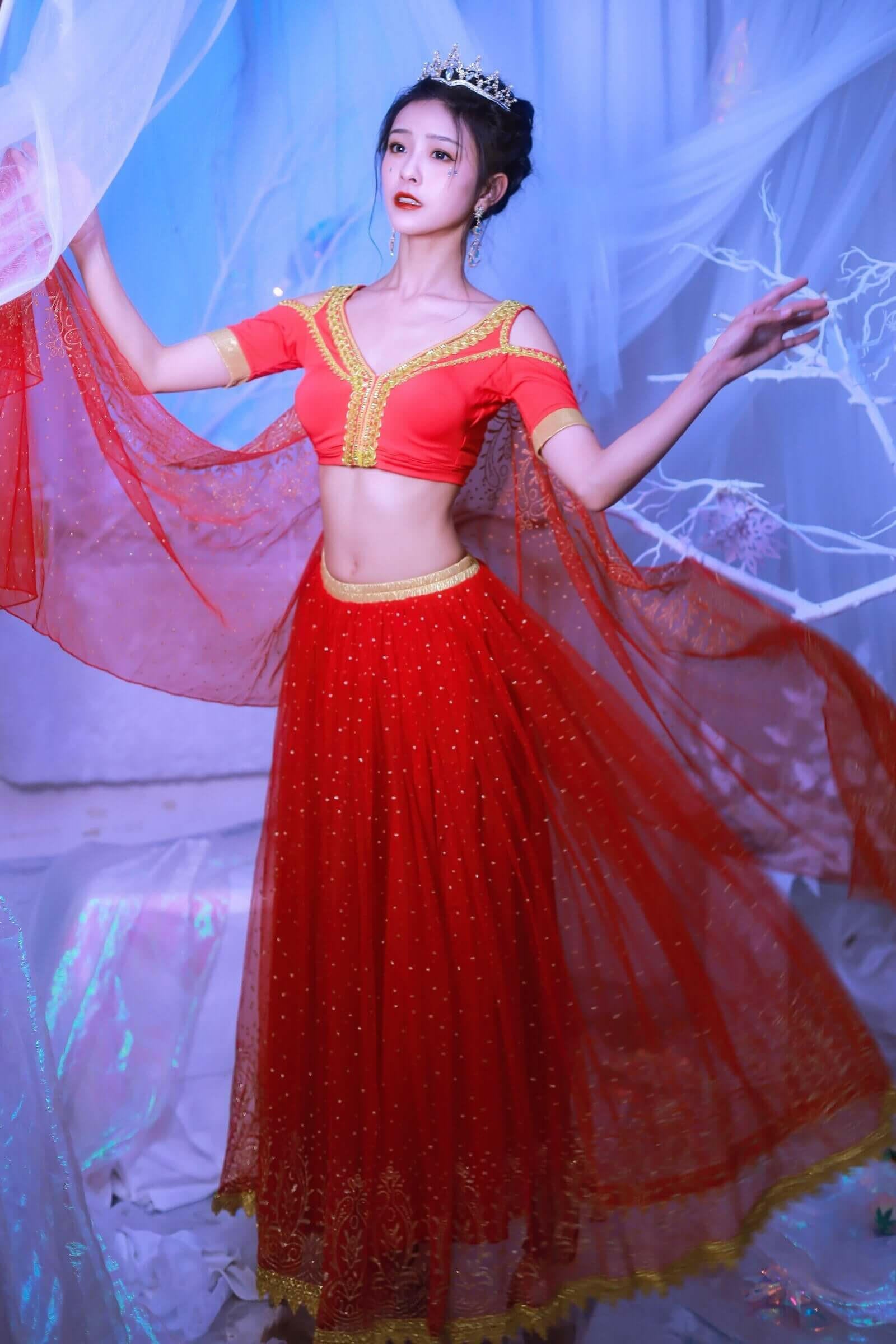 Elsa Princess Costume Belly Dance Outfit Party Cosplay Red.