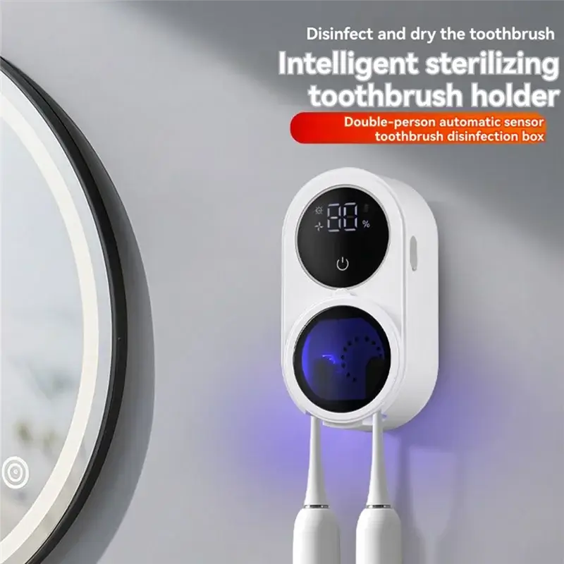 ABLE-Smart Home Toothbrush Holder Cleaner For Bathroom Light Cleaning Fan Drying Automatic Rotating Cover Wall Mounting