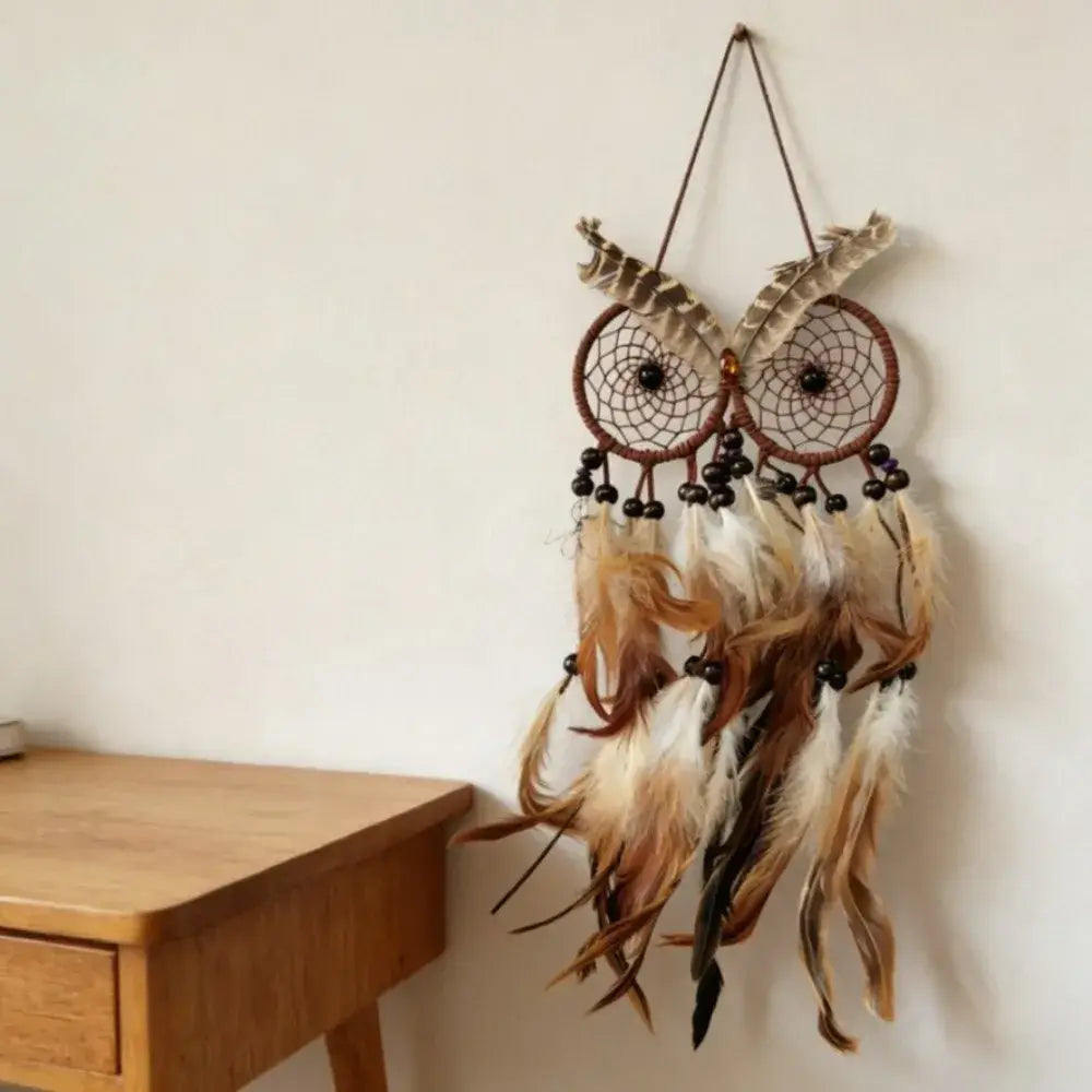Nordic Style Owl Shaped Dream Catcher Handcrafted Brown Feathers Wind Chimes Circular Net Dreamcatcher Net Bedroom