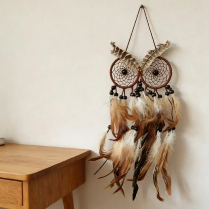 Nordic Style Owl Shaped Dream Catcher Handcrafted Brown Feathers Wind Chimes Circular Net Dreamcatcher Net Bedroom