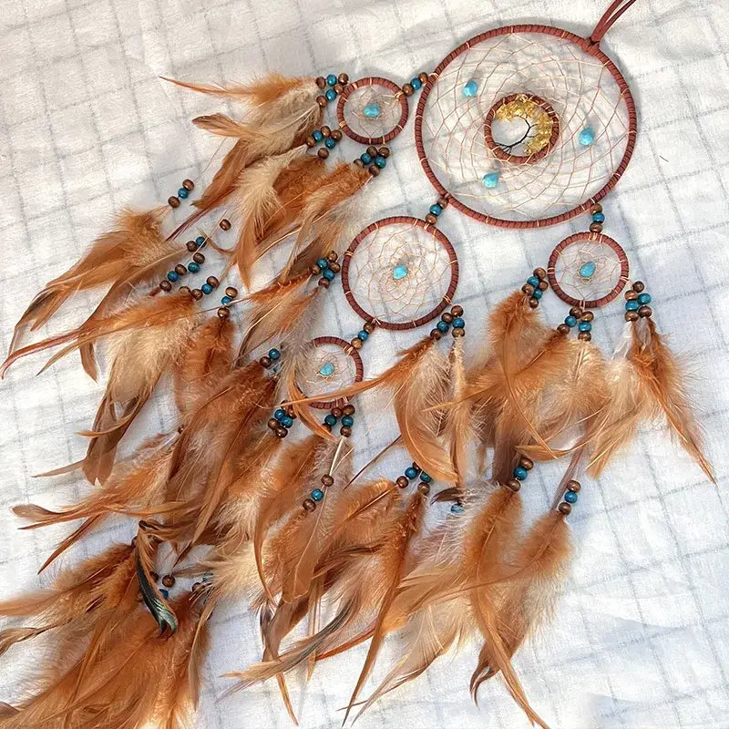 Dream Catcher Handmade Crystal Stone Brown Feathers Wind Chimes Living Room Bedroom Hanging Ornaments Festival Gifts Home Decor