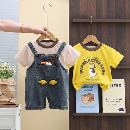 Children Clothing Baby Boys Girls Cartoon Duck T Shirt Denim Overalls 2Pcs/sets Kids Infant Casual Clothes Toddler Fashion Wear