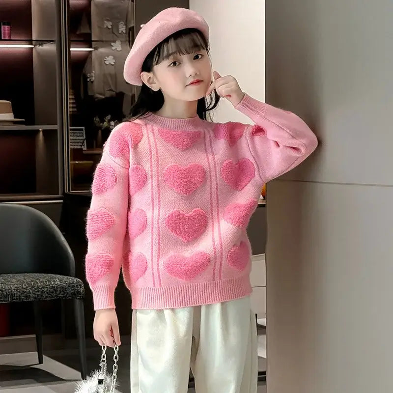 New Autumn Kids Girls Pink Color Sweater with 3D Hearts Pettern Children Elegant Fashion Knitted Clothing 5 7 9 11 13 14 Years