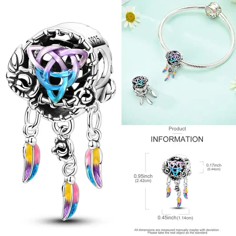 Hot Dream Catcher Feather 925 Sterling Silver Purple Colorful Moon Dreamy Blue Charm Original Fits Women DIY Jewelry Girl Charms