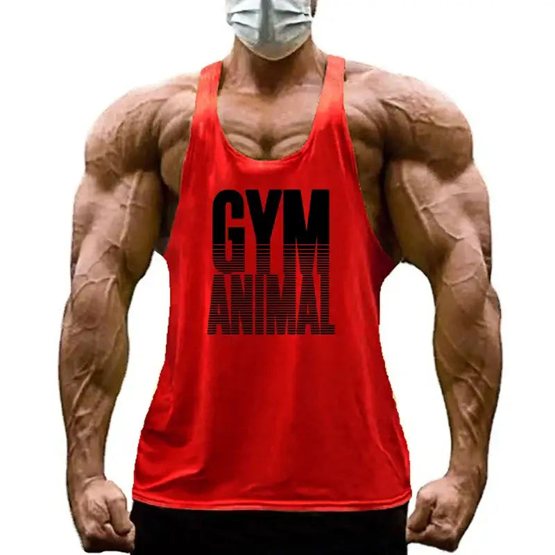 GYM ANIMAL Print Y Back Fitness Stringer Tank Top Mens Cotton Muscle Sleeveless Shirt Bodybuilding Clothing Workout Singlets