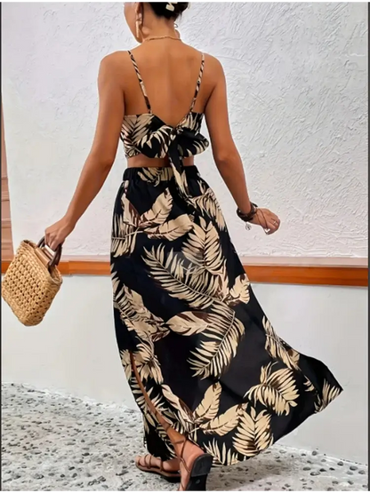 Women Sleeveless Low Cut V-Neck Printed Dress High Slit Sexy Dresses Trendy Half Skirt Women&