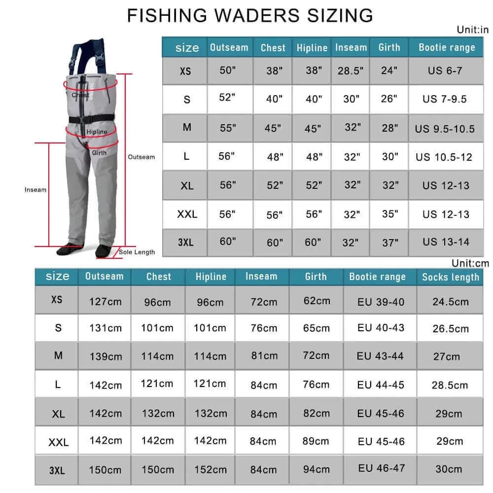 Breathable Zip-Front Chest Fishing Waders Waterproof Zippered.