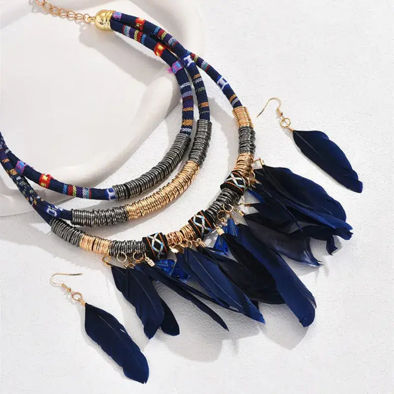 Fashion Vintage Ethnic Feather Choker Necklace Earrings Set For Women Multilayer Nekclace Earrings Jewelry Sets