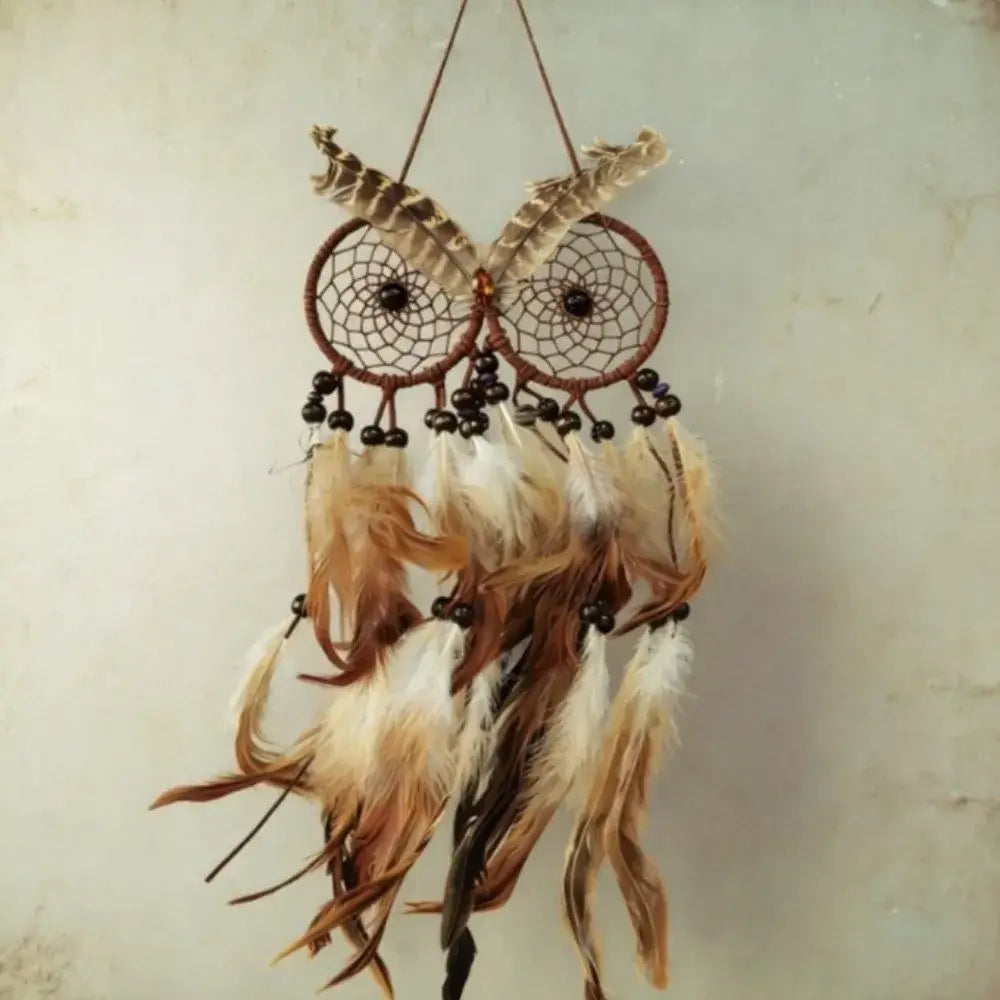 Nordic Style Owl Shaped Dream Catcher Handcrafted Brown Feathers Wind Chimes Circular Net Dreamcatcher Net Bedroom