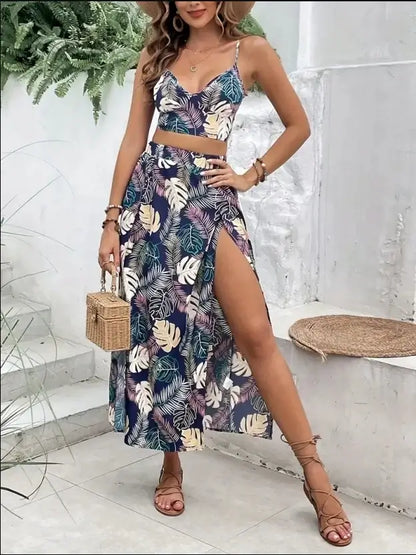 Women Sleeveless Low Cut V-Neck Printed Dress High Slit Sexy Dresses Trendy Half Skirt Women&