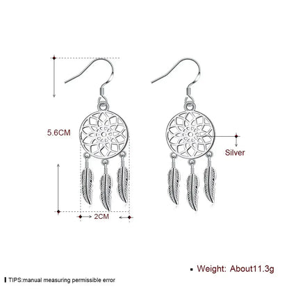 Hot high quality 925 Sterling Silver Dream catcher feathers earrings for women fashion party wedding accessories Jewelry gifts