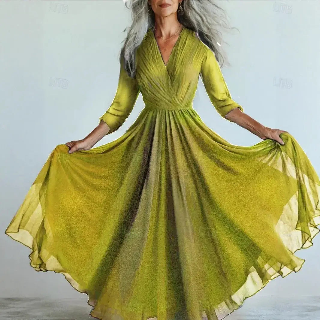 New Bohemian Style Long Sleeve Mesh Dress Vacation Vibes Full Skirt Chiffon Dress V-neck Ankle-length Regular Waistline