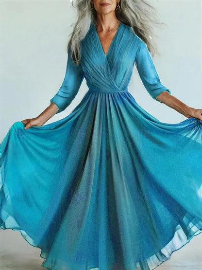 New Bohemian Style Long Sleeve Mesh Dress Vacation Vibes Full Skirt Chiffon Dress V-neck Ankle-length Regular Waistline