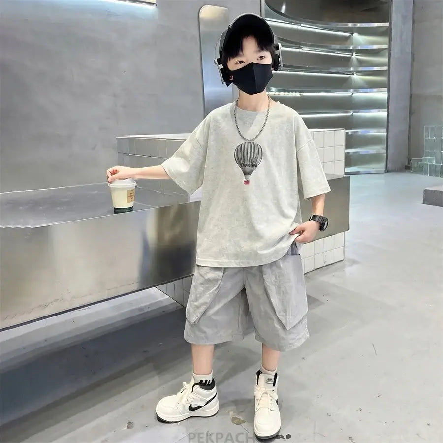 Fashion Boys Summer Outfit T-shirt Shorts Sports Set Children Top and Bottom Tracksuit Set Kids Casual Cotton Sportswear 5-14Y