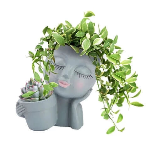 Girls Face Head Flower Planter Closed Eyes Figure Sculpture Resin.