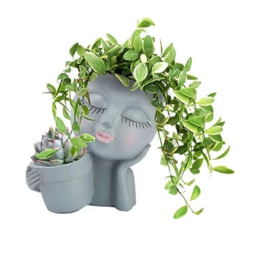 Girls Face Head Flower Planter Closed Eyes Figure Sculpture Resin