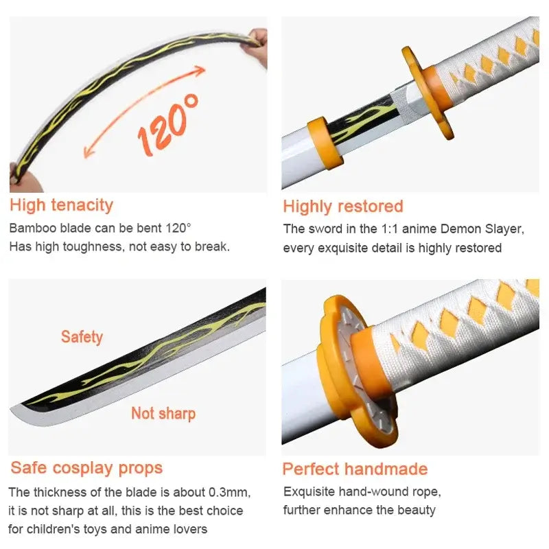 80cm Demon Slayer Katana Bamboo Blade Role-playing Weapons Props Halloween Costume Props with Belt and Sword Holder