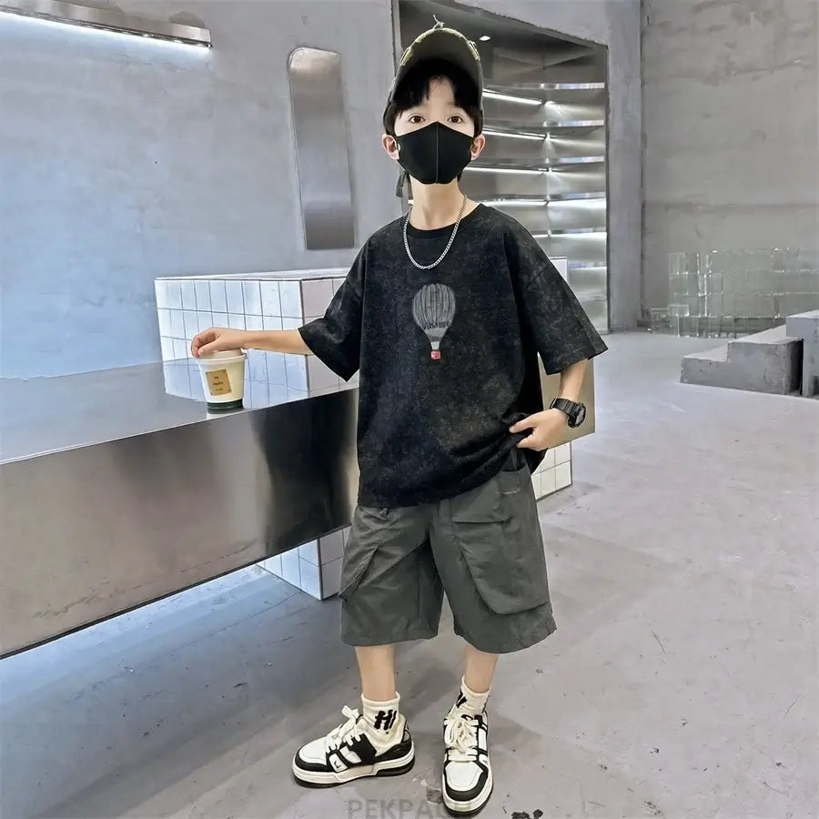 Fashion Boys Summer Outfit T-shirt Shorts Sports Set Children Top and Bottom Tracksuit Set Kids Casual Cotton Sportswear 5-14Y