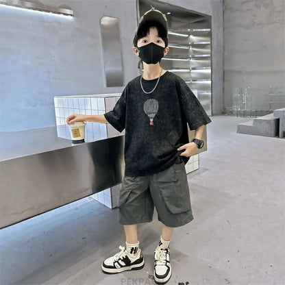 Fashion Boys Summer Outfit T-shirt Shorts Sports Set Children Top and Bottom Tracksuit Set Kids Casual Cotton Sportswear 5-14Y