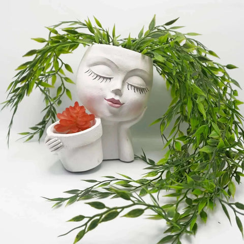 Girls Face Head Flower Planter Closed Eyes Figure Sculpture Resin.