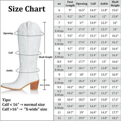 Cowboy Boots for Women - Black Knee High Cowgirl Boots with Classic Embroidered, Slip On Pointed Toe Fashion Retro White