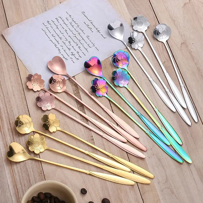4 pcs Set Stainless Steel Small Flower Spoons Teaspoons Coffee Spoons Ice Cream Dessert Spoons Household Kitchen Utensils